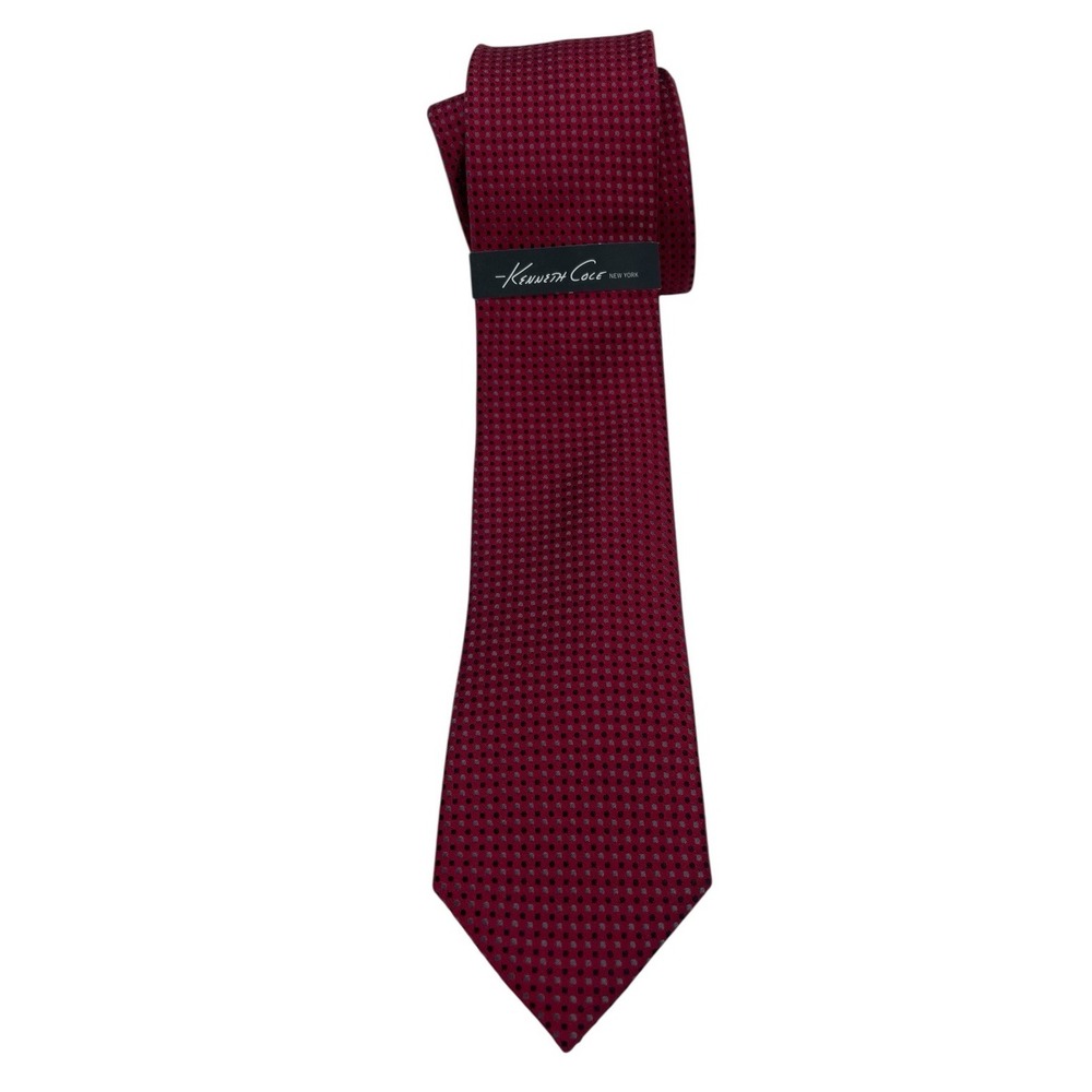 KENNETH COLE  Tie Mens 2"x60" Silk Necktie Red W/‎ Black & Grey Dots (TF10) NWTs